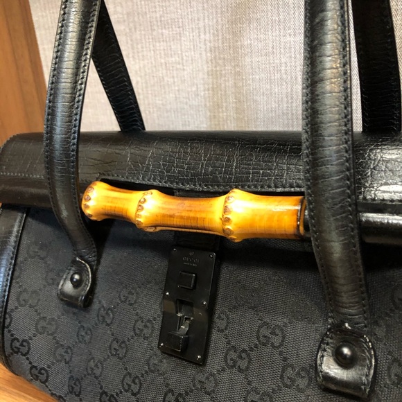 Gucci Black GG Canvas Leather Bamboo Bullet Bag - Picture 4 of 8